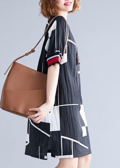 Handmade O Neck Cotton Clothes for Work Black Print Dresses