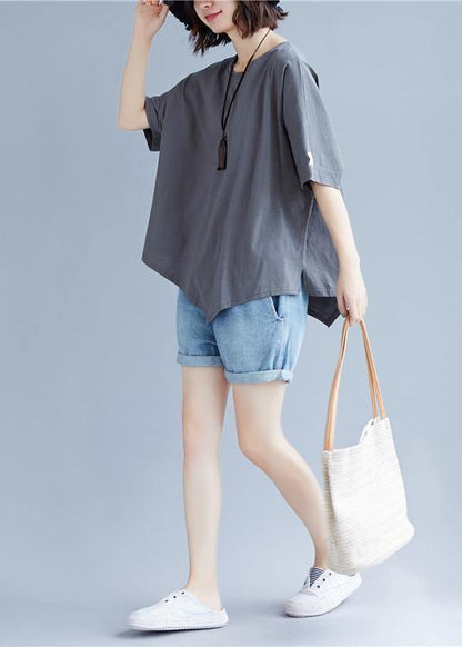 Handmade O Neck Asymmetric Cotton Clothes for Gray Blouse