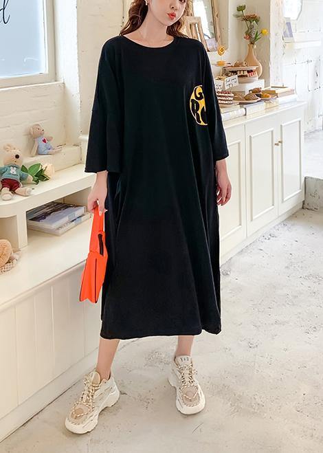 Handmade O Neck Baggy Dress Runway Black Cartoon Print Traveling Dress