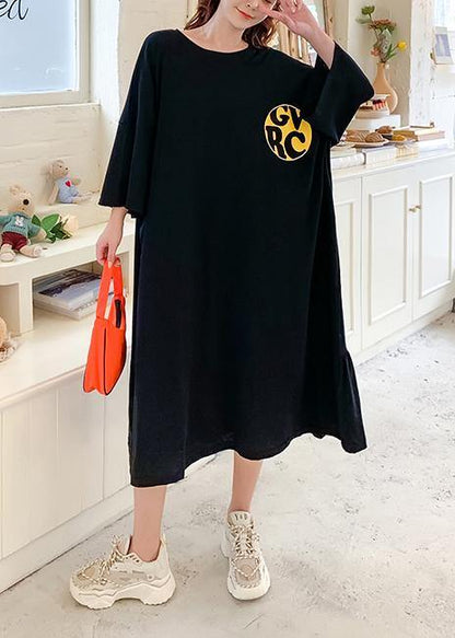 Handmade O Neck Baggy Dress Runway Black Cartoon Print Traveling Dress