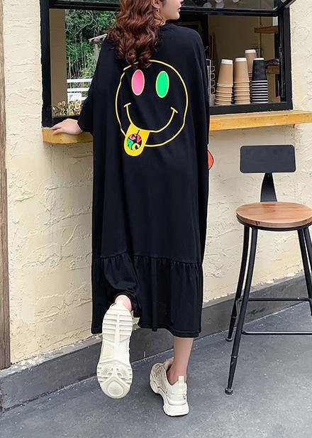 Handmade O Neck Baggy Dress Runway Black Cartoon Print Traveling Dress