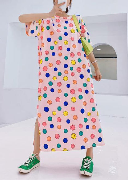 Handmade O Neck Clothes Neckline Pink Smiley Print Dresses