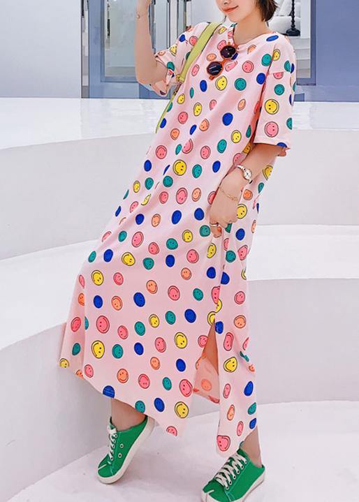 Handmade O Neck Clothes Neckline Pink Smiley Print Dresses