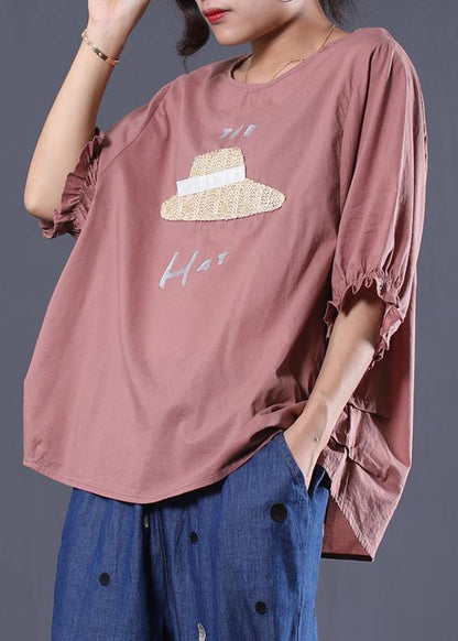 Handmade O Neck Cotton Long Shirts Inspiration Pink Prints Top Summer