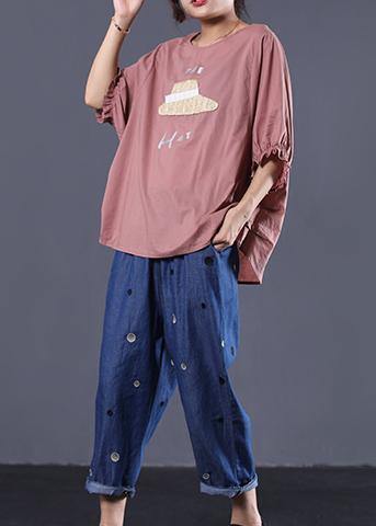 Handmade O Neck Cotton Long Shirts Inspiration Pink Prints Top Summer