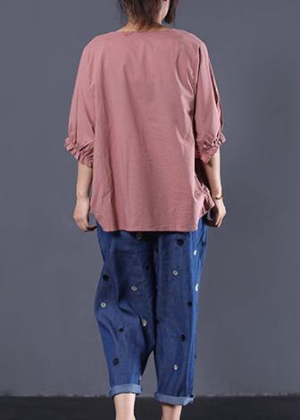 Handmade O Neck Cotton Long Shirts Inspiration Pink Prints Top Summer