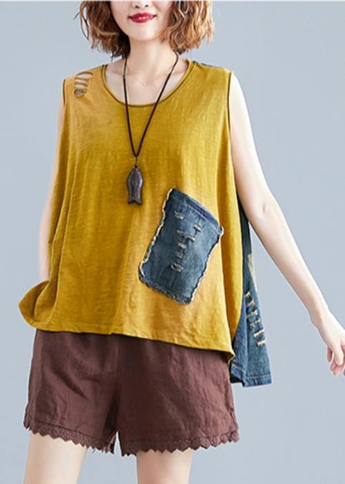 Handmade O Neck Cotton Tops Shape Yellow Patchwork Denim Tops