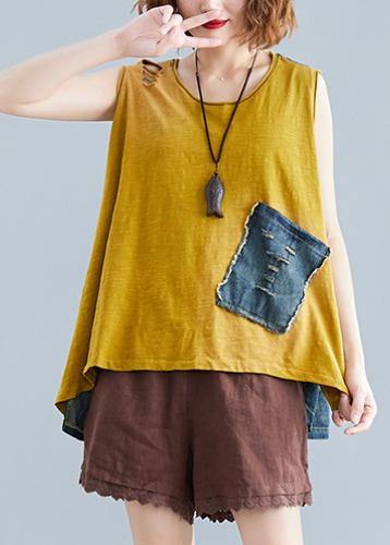 Handmade O Neck Cotton Tops Shape Yellow Patchwork Denim Tops