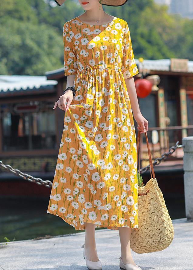 Handmade O Neck Drawstring Cotton Yellow Print Maxi Dress Summer