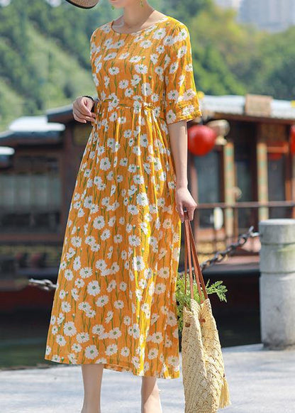 Handmade O Neck Drawstring Cotton Yellow Print Maxi Dress Summer