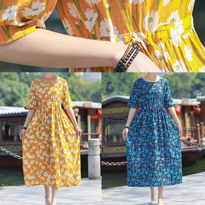Handmade O Neck Drawstring Cotton Yellow Print Maxi Dress Summer