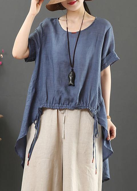 Handmade O Neck Drawstring Linen Summer Blouse Shape White Shirts
