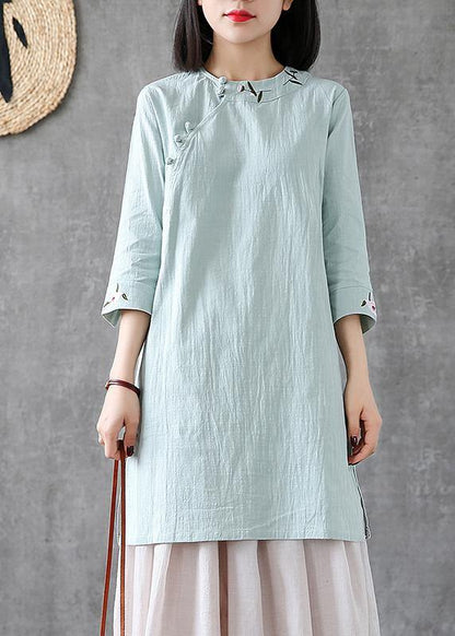 Handmade O Neck Embroidery Linen Clothes for Catwalk Light Green Dresses