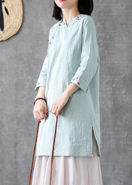 Handmade O Neck Embroidery Linen Clothes for Catwalk Light Green Dresses