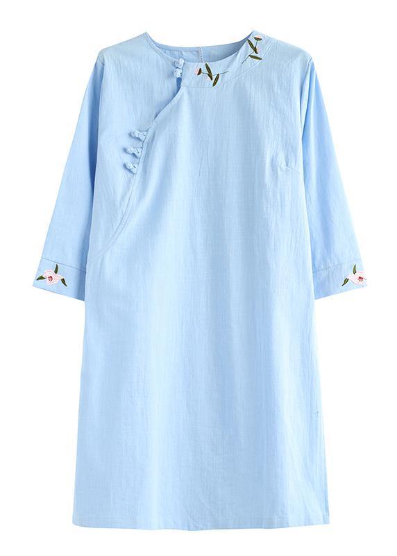 Handmade O Neck Embroidery Linen Clothes for Catwalk Light Green Dresses