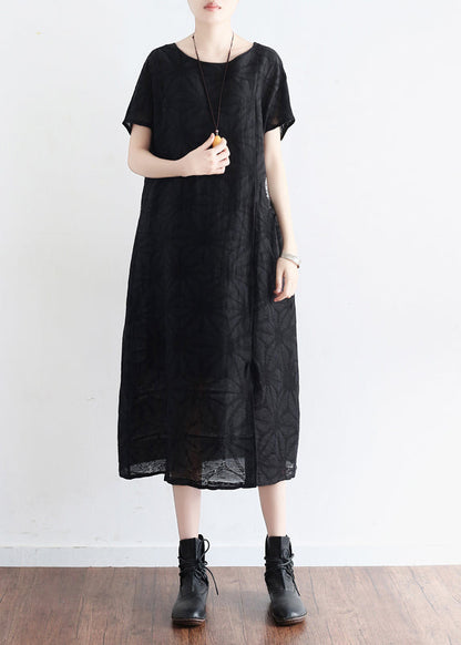 Handmade O Neck Embroidery Pockets Linen Clothes Korea Runway Black Baggy Dresses Summer