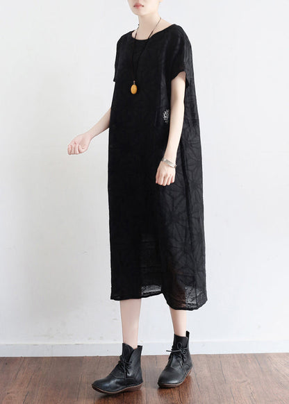 Handmade O Neck Embroidery Pockets Linen Clothes Korea Runway Black Baggy Dresses Summer