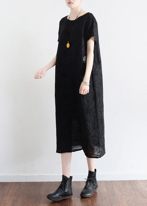 Handmade O Neck Embroidery Pockets Linen Clothes Korea Runway Black Baggy Dresses Summer