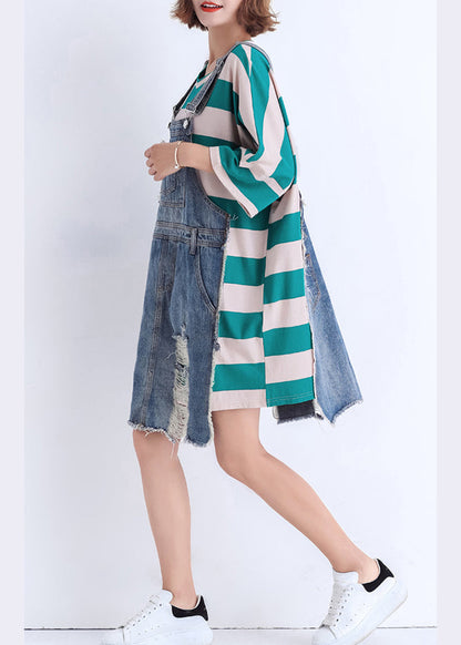 Handmade O Neck False Two Pieces Cotton Wardrobes Sweets Runway Green Striped Short Dresses Summer