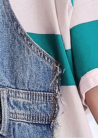Handmade O Neck False Two Pieces Cotton Wardrobes Sweets Runway Green Striped Short Dresses Summer