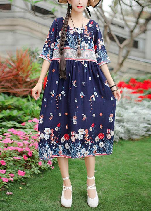 Handmade O Neck Half Sleeve Cotton Fabrics White Print Dresses Summer