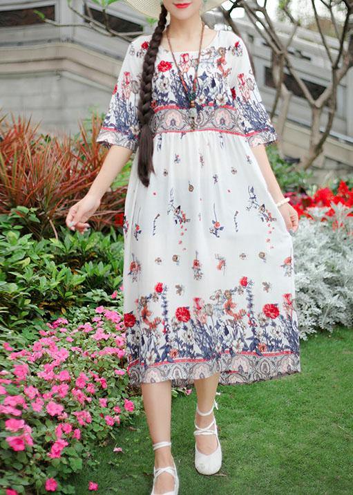 Handmade O Neck Half Sleeve Cotton Fabrics White Print Dresses Summer