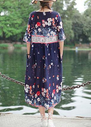 Handmade O Neck Half Sleeve Cotton Fabrics White Print Dresses Summer