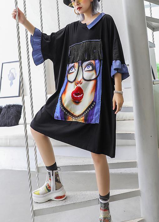 Handmade O Neck Half Sleeve Cotton Dresses Black Print Dress Summer