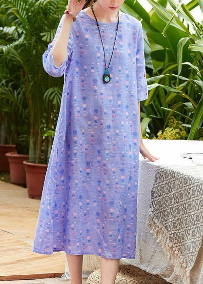 Handmade O Neck Half Sleeve Linen Dress Fabrics Light Purple Dresses Summer