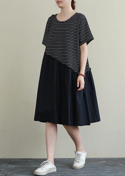 Handmade O Neck Patchwork Cotton Tunic Neckline Black Striped Dress