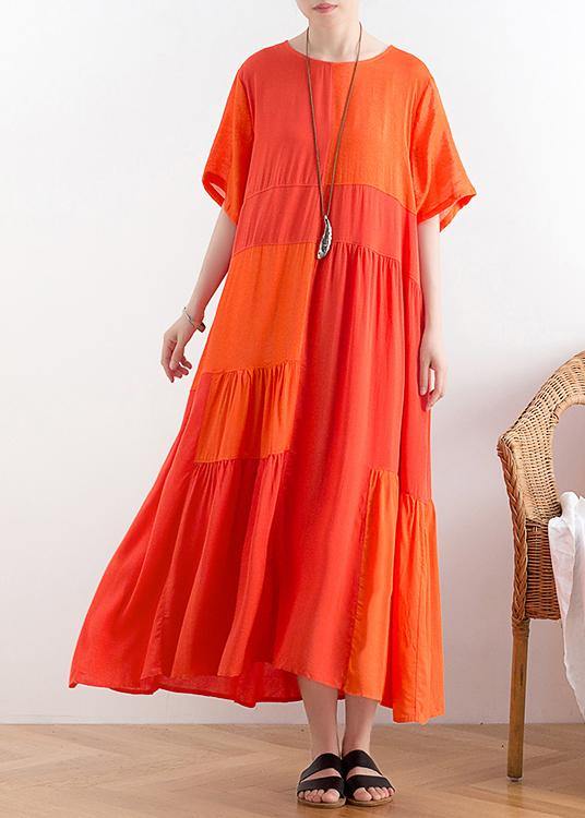 Handmade O Neck Patchwork Cotton Clothes for Catwalk Orange Long Dress