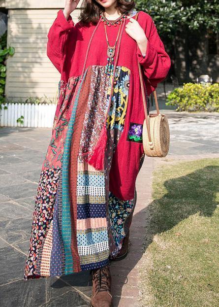Handmade O Neck Patchwork Cotton Linen Clothes Neckline Red Dresses Spring