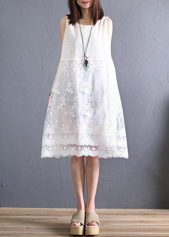 Handmade O Neck Patchwork Linen Lace Clothes Inspiration Beige Dress
