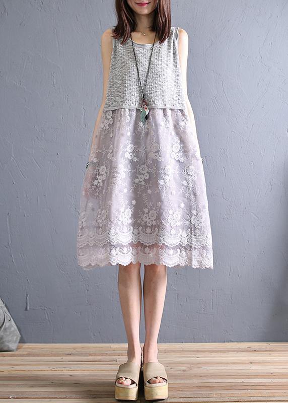 Handmade O Neck Patchwork Linen Lace Clothes Inspiration Beige Dress