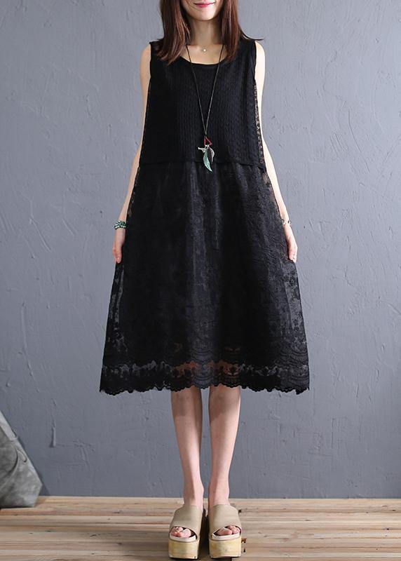Handmade O Neck Patchwork Linen Lace Clothes Inspiration Beige Dress