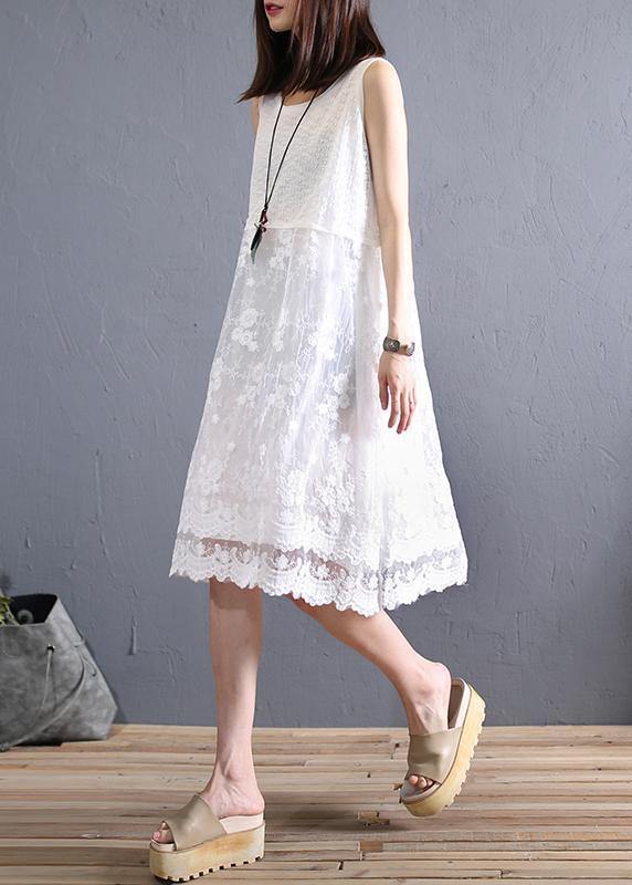 Handmade O Neck Patchwork Linen Lace Clothes Inspiration Beige Dress