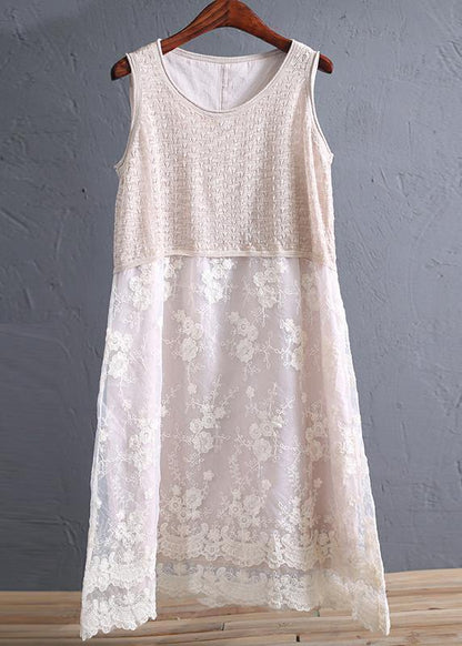 Handmade O Neck Patchwork Linen Lace Clothes Inspiration Beige Dress