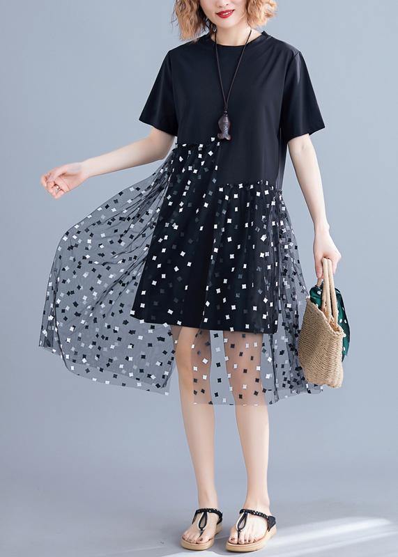 Handmade O Neck Patchwork Tulle Cotton Black Dress Summer