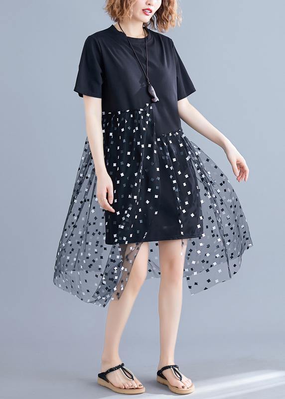 Handmade O Neck Patchwork Tulle Cotton Black Dress Summer