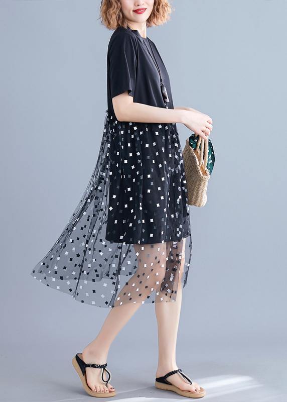 Handmade O Neck Patchwork Tulle Cotton Black Dress Summer