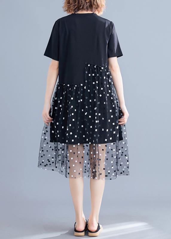 Handmade O Neck Patchwork Tulle Cotton Black Dress Summer