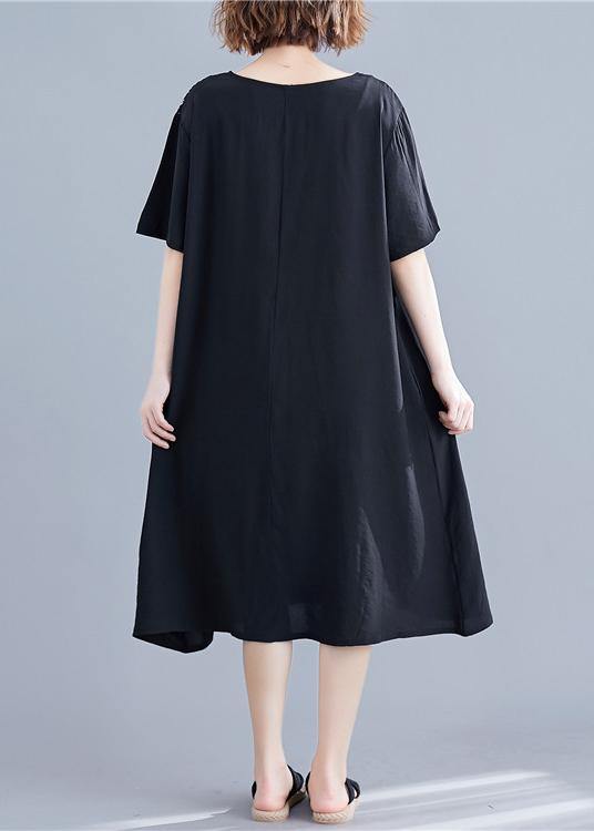 Handmade O Neck Pockets Cotton Dresses Black Print Maxi Dresses Summer