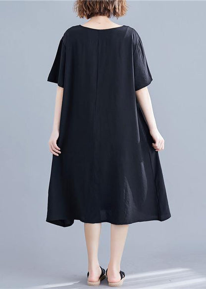 Handmade O Neck Pockets Cotton Dresses Black Print Maxi Dresses Summer