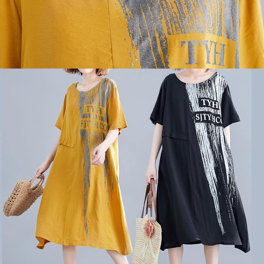 Handmade O Neck Pockets Cotton Dresses Black Print Maxi Dresses Summer
