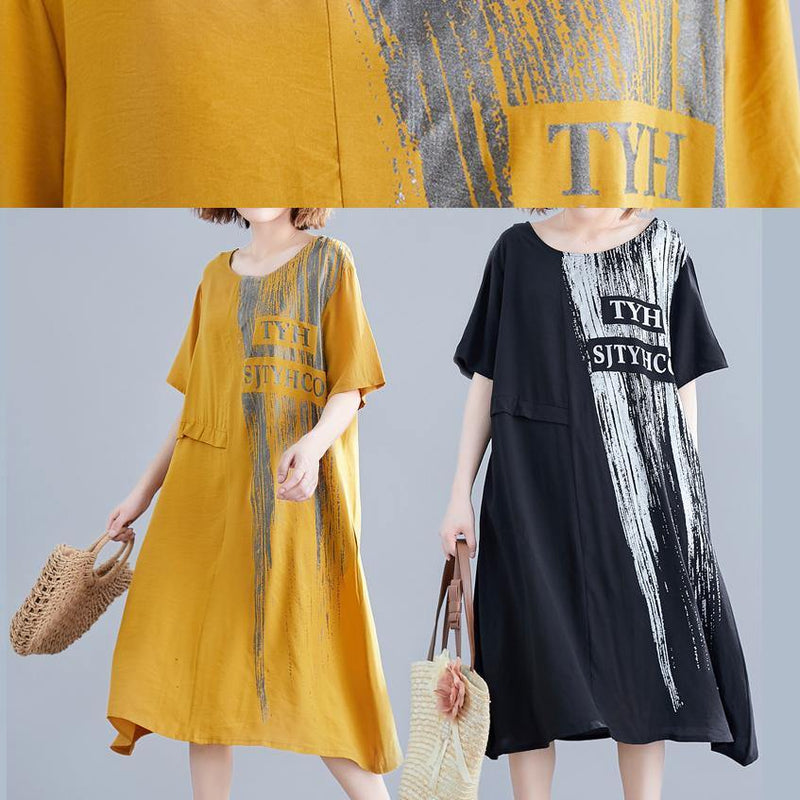 Handmade O Neck Pockets Cotton Dresses Black Print Maxi Dresses Summer