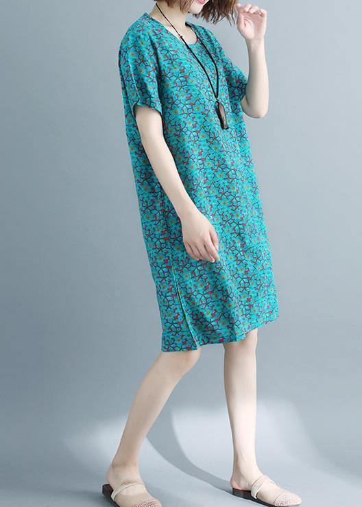 Handmade O Neck Pockets Cotton Linen Outfit Green Print Dresses Summer