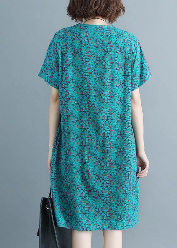 Handmade O Neck Pockets Cotton Linen Outfit Green Print Dresses Summer