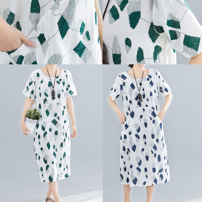Handmade O Neck Pockets Linen Dresses Sewing Navy Print Dress Summer