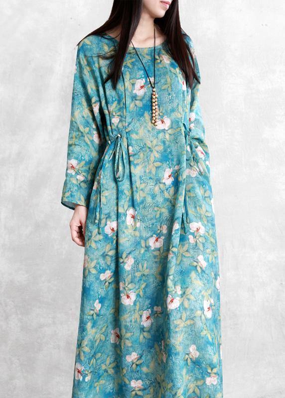 Handmade O Neck Tunic Linen Dress Work Outfits Green Print Dresses