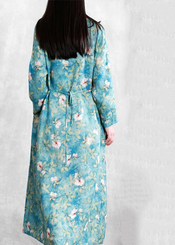 Handmade O Neck Tunic Linen Dress Work Outfits Green Print Dresses